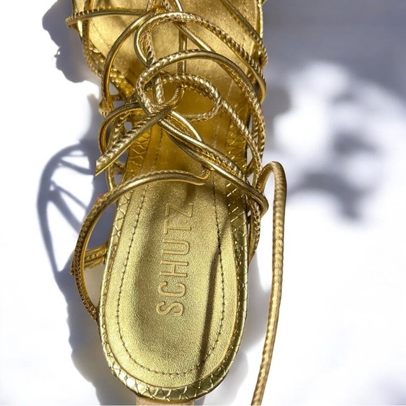 🌻 Schutz Strappy Gold Leather Snake Embossed Heyde Heels Size 8 + Box / Dust Bag - Picture 9 of 15